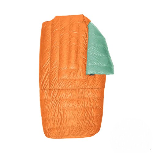 slightly open front view of orange shell lightweight multiple person sleeping bag quilt with a robins egg blue interior