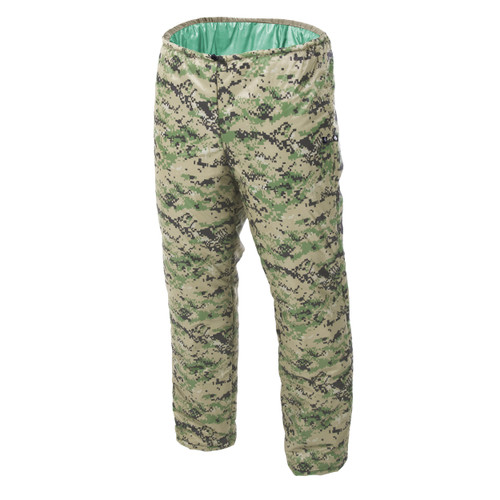 front view of the mens digi cam lightweight, packable, all weather performance synthetic insulation pants with a robins egg blue liner.