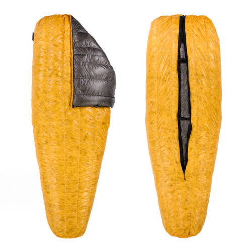 two yellow and grey conundrums showing the top and bottom of the sleeping quilt
