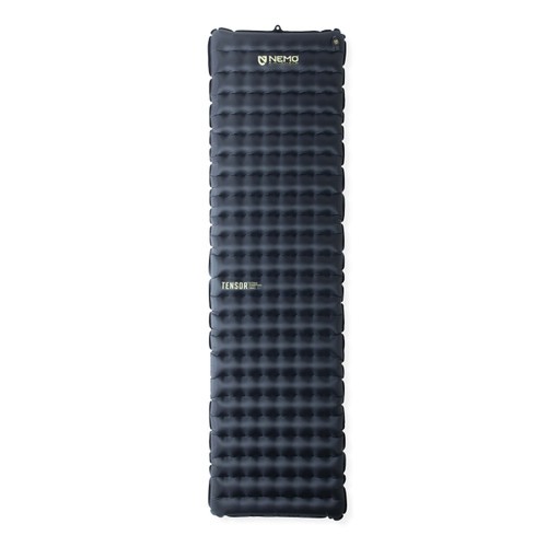 front view of a black quiet, supportive, comfortable, lightweight, packable, stable, protecting sleeping bag made with lightweight materials and nylon fabrics