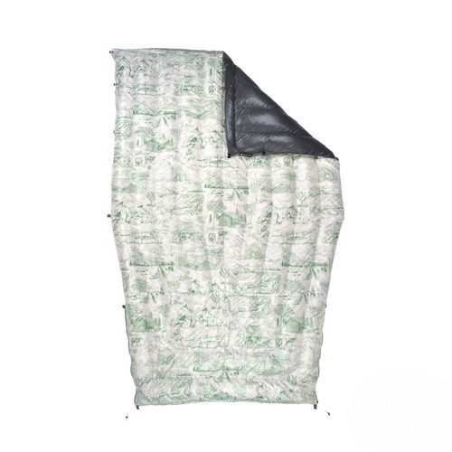 Open flat lay with flap revelation sleeping quilt with a print created by jolly gear
